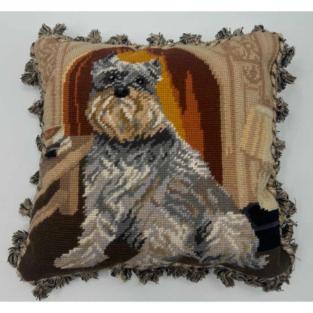 Schnauzer Dog Portrait Needlepoint Throw Pillow Wool Tapestry Fringe Vintage